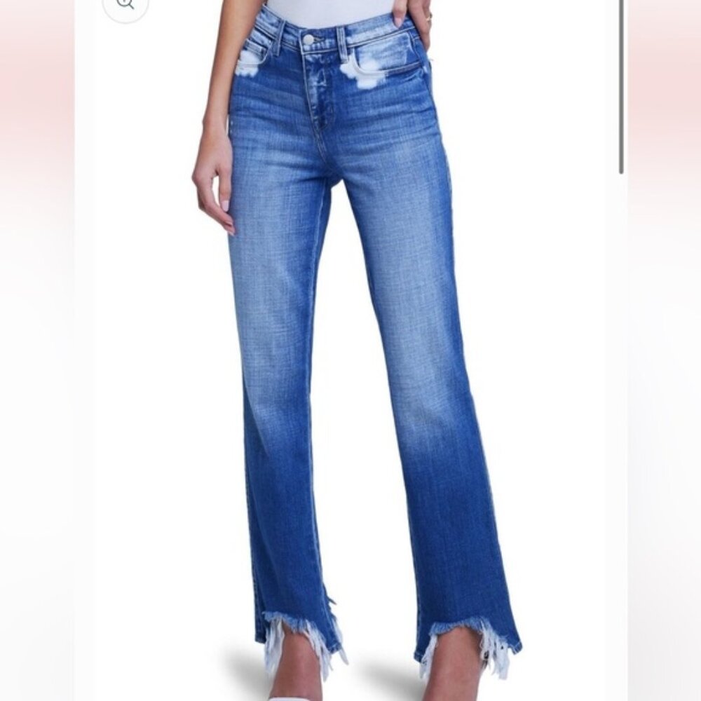 NWOT L'AGENCE Harmon Blue Flare Jeans with Frayed Hem Straight Leg